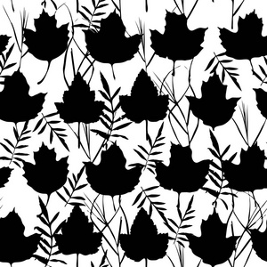 矢量无缝的背景与枫叶时尚纺织品或网络背景。黑色剪影在白色背景。向量例证