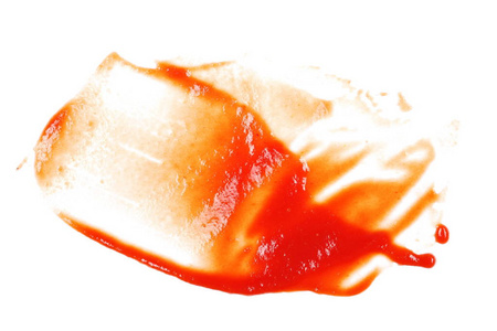 红色的番茄酱溅上白色背景，番茄浓汤纹理孤立