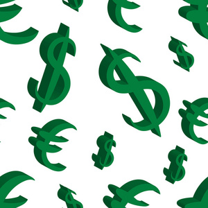绿色美元和欧元的钱不同大小。无缝模式。矢量图