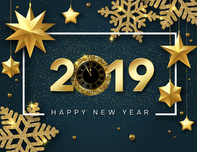快乐的新年2019年卡与金色的时钟, 星星和闪亮的雪