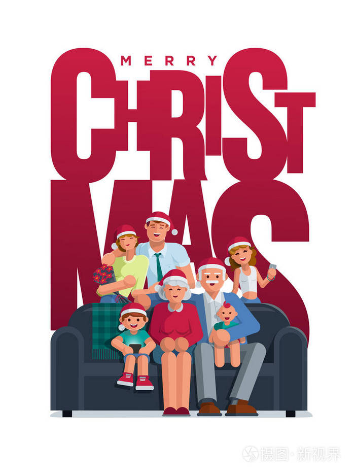 祖母, 祖父, 母亲, 父亲的儿子和女儿在一起.海报设计.