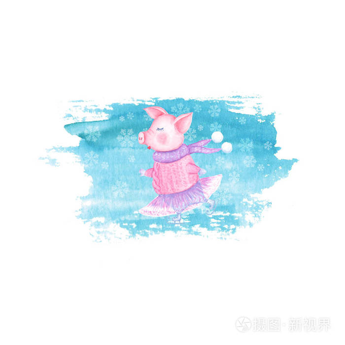 水色溜冰猪在针织毛衣 Tutu 和围巾隔离在蓝色的茶色污渍背景 中国的猪年 圣诞节和新年假期贺卡概念插画 正版商用图片0tnco3 摄图新视界
