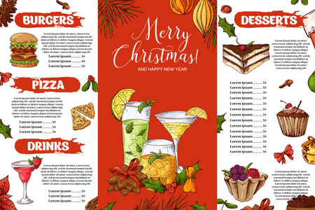 餐厅宣传册模板。圣诞节节日冬季菜单。草图样式中的手绘元素。向量例证
