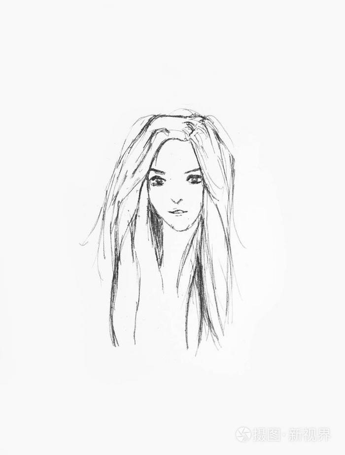 手绘美丽的女孩肖像-铅笔素描的一个动漫女孩在白皮书