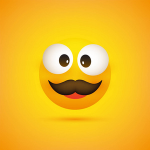 微笑的表情符号简单的快乐表情符号与斜视弹出眼睛和胡子在黄色背景矢量设计