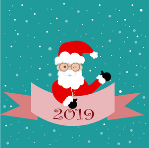 美丽的贺卡横幅与圣诞老人显示类与丝带题字文本2019为新年和圣诞节假日在12月在冬天在蓝色背景