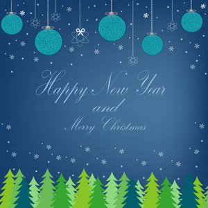 美丽的明信片与森林的景色与圣诞树, 雪和球在晚上在12月的新年假期在冬天