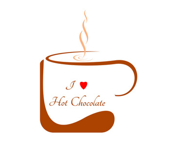 白色背景上的热巧克力棕色杯。用心的描述 我喜欢热巧克力