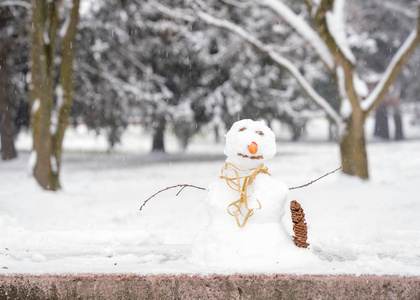 公园里的小雪人, 典型的冬季, 背景下雪和树木