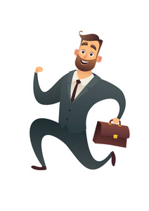 愉快的商人在西服与手提箱和跑向前隔绝在白色背景照片