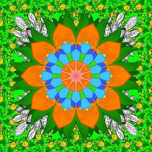 无缝优雅的矢量纹理与花卉元素。在颜色上涂鸦绿色橙色和蓝色