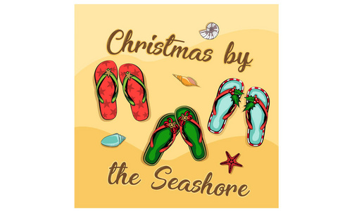 圣诞快乐, 新年快乐, 气候温暖, 气候设计热带圣诞, 节日贺卡与圣诞风格的凉鞋在海滩上