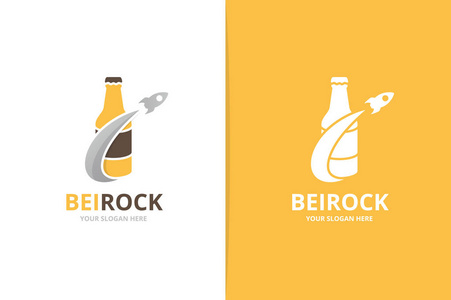 矢量瓶和火箭标志组合。啤酒和飞机的符号或图标。独特的酒精和飞行标识设计模板
