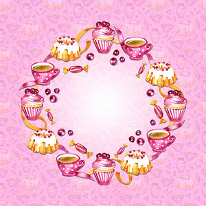 在粉红色的背景中孤立的甜蛋糕茶和浆果框架。设计卡, 标志, 菜单。手绘水彩例证