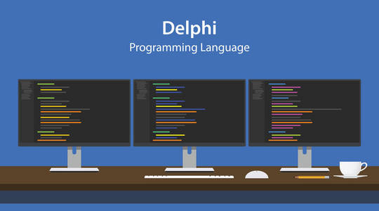 Delphi 编程语言代码行在程序员工作区中的三个显示器上显示的说明