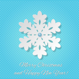圣诞快乐, 新年快乐, 蓝色背景纸艺术风格上的雪花刻字向量插图