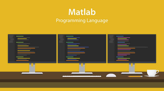 Matlab 编程语言代码行在程序员工作区中的三个显示器上显示的说明