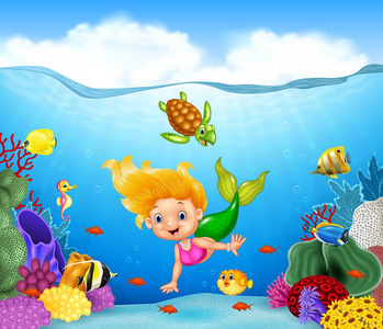 卡通美人鱼和美丽的海底世界照片