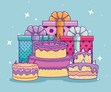 送礼物与丝带弓和蛋糕生日