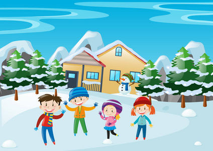 儿童戏雪小孩站在房子前面的冬天戏照片