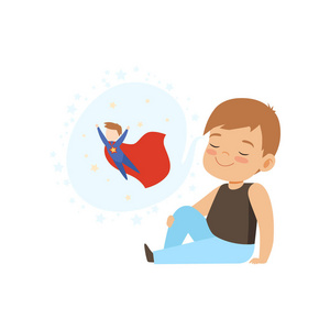 插图想象力可爱的男孩梦想成为超人, 孩子们的想象力和幻想的概念