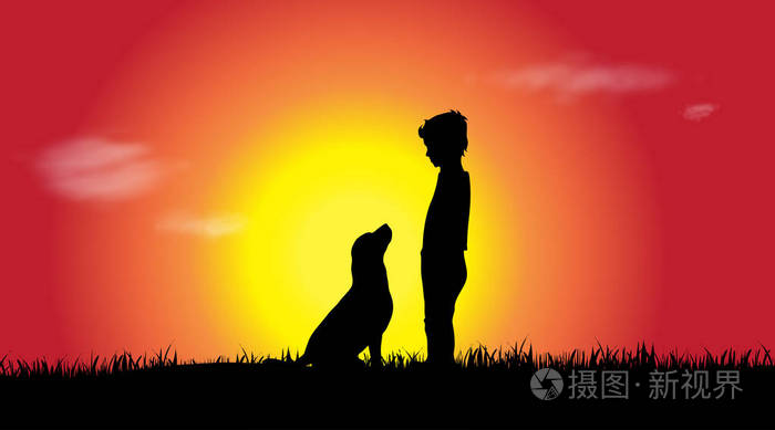 男孩的向量剪影与狗在日落