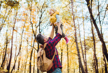 一位成熟的父亲在秋林中把一个幼儿抱在空中