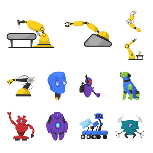 机器人和工厂符号的矢量设计。网络中机器人与空间股票符号的采集