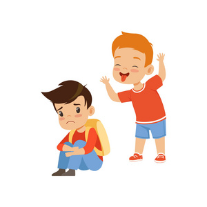 男孩坐在地板上, 同学嘲笑他, 不良行为, 孩子之间的冲突, 嘲笑和欺凌