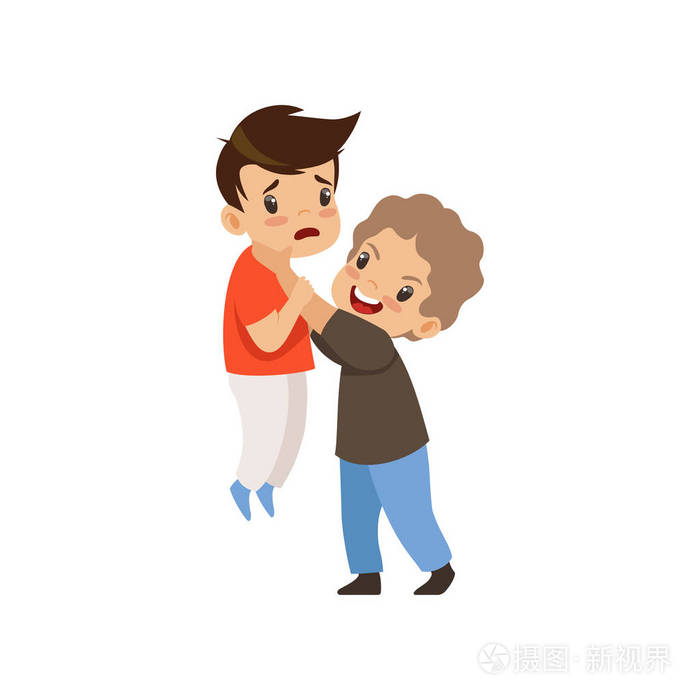 愤怒的男孩殴打另一个谁是较弱的 不良行为 孩子之间的冲突 嘲笑和