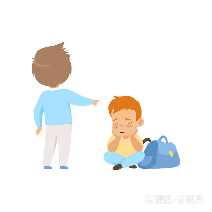 悲伤的男孩坐在地板上, 同学嘲笑和指点他, 不良行为, 孩子之间的冲突
