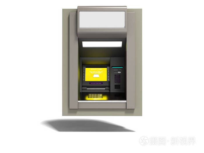 现代 atm 包含黄屏3d 渲染白色背景与阴影