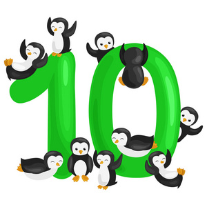 序号 10 教学儿童计数十企鹅有能力计算量动物 abc 字母幼儿园书或小学海报集合矢量图