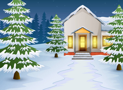 街道动画动画片冬天夜风景与房子和雪在街道照片