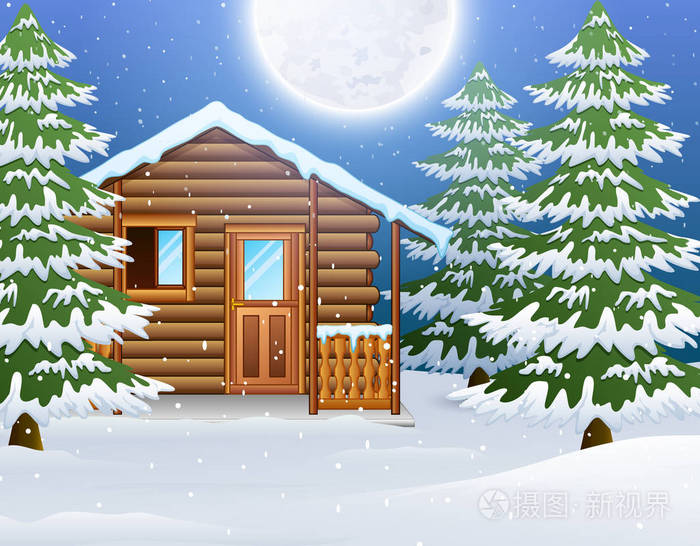 圣诞节木房子的动画片与冷杉树