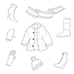 手绘冬天的衣服。草绘绘制的鞋子上高的鞋跟 围巾 手套，手套和毛皮大衣