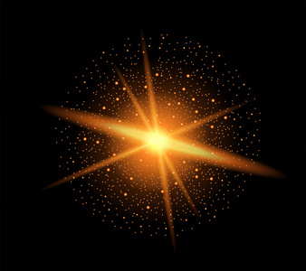现实的金黄闪闪发光作用隔绝在黑色。烟花, 爆炸, 星系, 火热的火花概念。向量例证