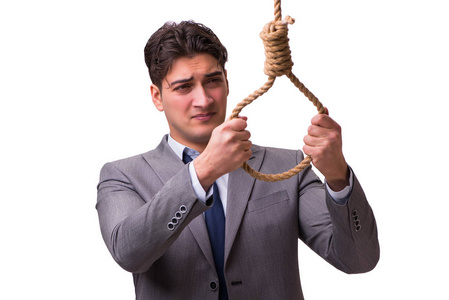 破产商人上吊上白色孤立照片