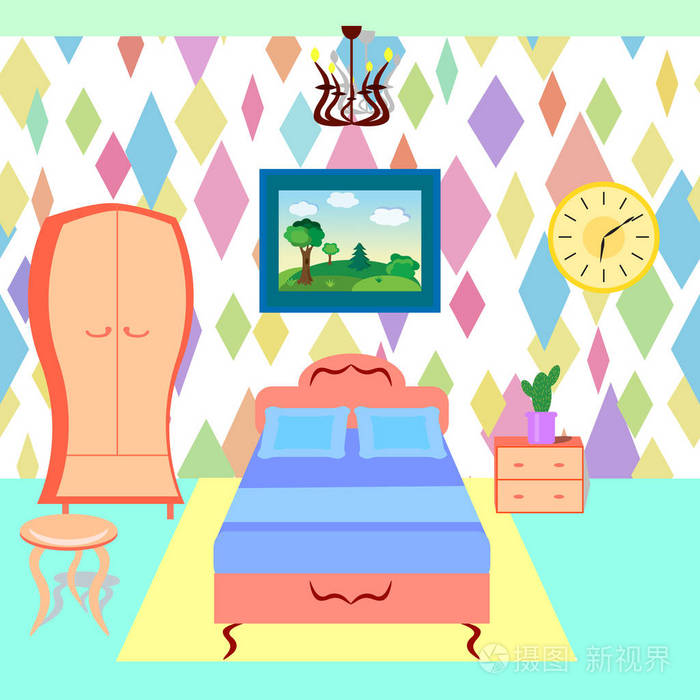 卧室家具.七彩的房间.平面样式矢量图