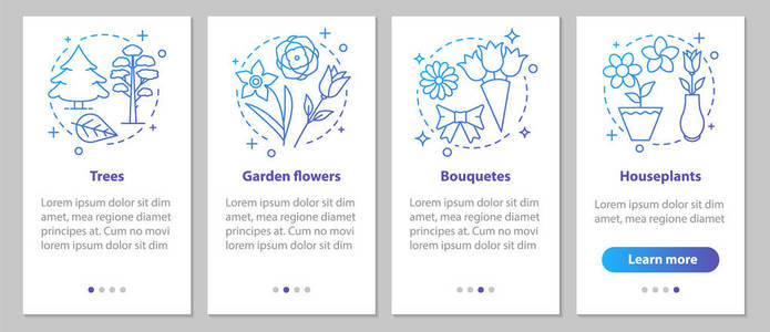 植物入职移动应用程序页面屏幕与线性概念。花园花卉, 树木, 植物, 花束步骤图形说明。带有插图的 UxUiGui 向量模板