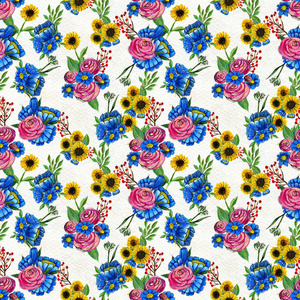 无缝模式与蓝色黄色和粉红色的花朵