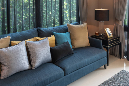 经典风格的客厅配有沙发和一套枕头, 室内装饰设计理念
