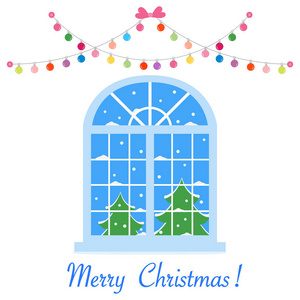 快乐的新年2019年和圣诞矢量插图。圣诞窗, 可以看到装饰着花环的冬季景观。圣诞树, 雪