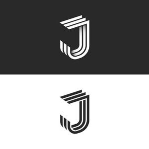 徽标 J 字母在等距字体初始字母, 黑色和白色3d 几何平行线形状与阴影梯度。创意现代京津冀透视会徽版式设计元素