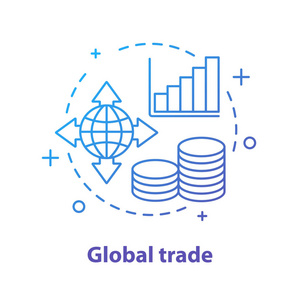 国际贸易增长概念图标。全球采购理念薄线插图。全球分布。矢量隔离轮廓图