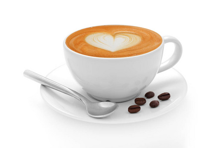 杯咖啡拿铁咖啡和咖啡豆在白色背景上孤立