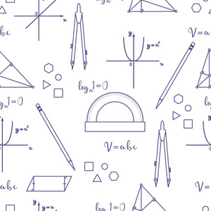 具有几何图解工具和公式的数学科学向量无缝模式。教育要素。罗盘, 量角器, 铅笔, 图形, 直线, 抛物线, 公式, 三角形, 
