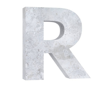 混凝土资本字母 r 隔离在白色背景。3d 渲染插图