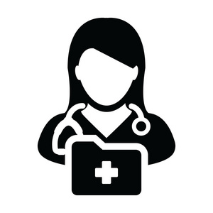 健康图标向量女性医生人个人资料头像与听诊器和医疗报告文件夹的医学