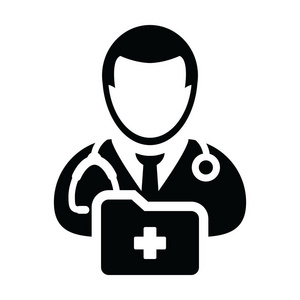 医生图标向量男性个人资料头像听诊器和医疗报告文件夹为医疗咨询在字形象形图例证
